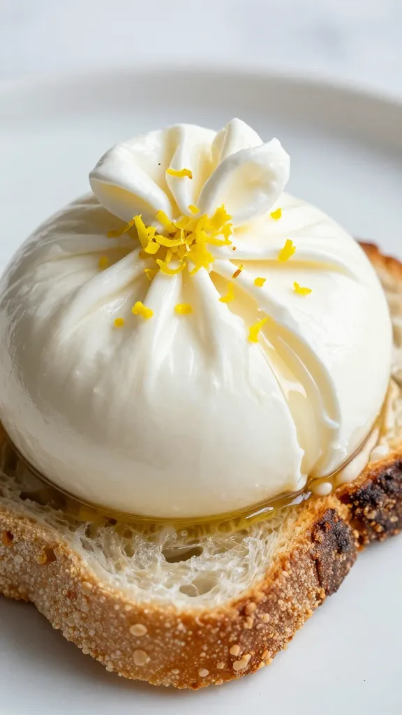 Burrata on rustic toast close-up, lemon zest