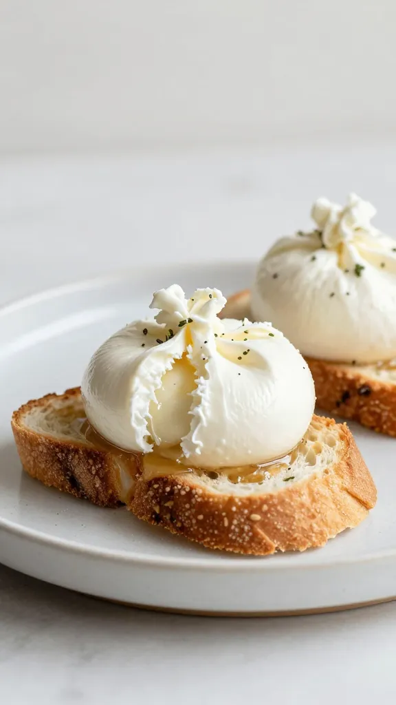 Plate of burrata-topped toasts, soft background
