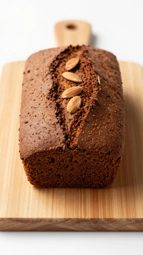 Espresso almond protein loaf on wooden board, shallow depth