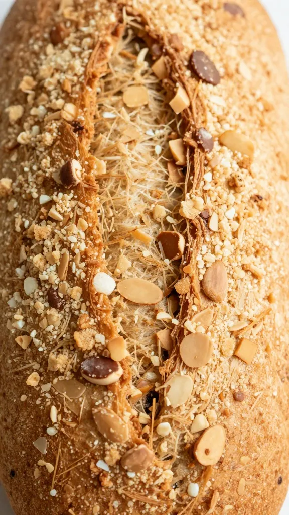 Close-up: crumb texture, almond bits in loaf