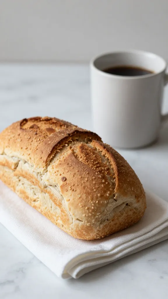 Breakfast setup: loaf with mug, napkin, and subtle kitchen light