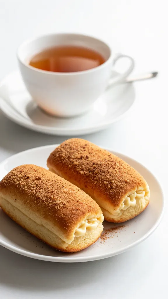 Tea cup, plate, and cinnamon-dusted cakes in morning light