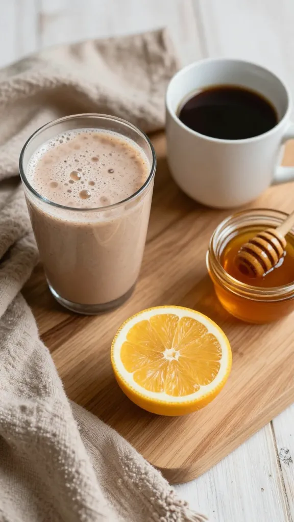 Cozy breakfast setup with smoothie, mug, honey