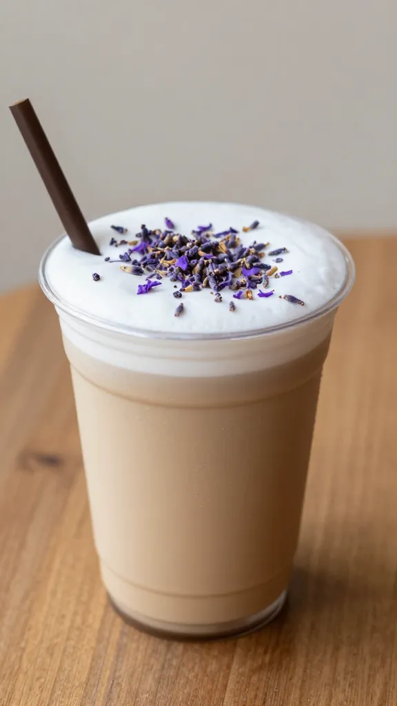 Latte cup with lavender petals accent and straw