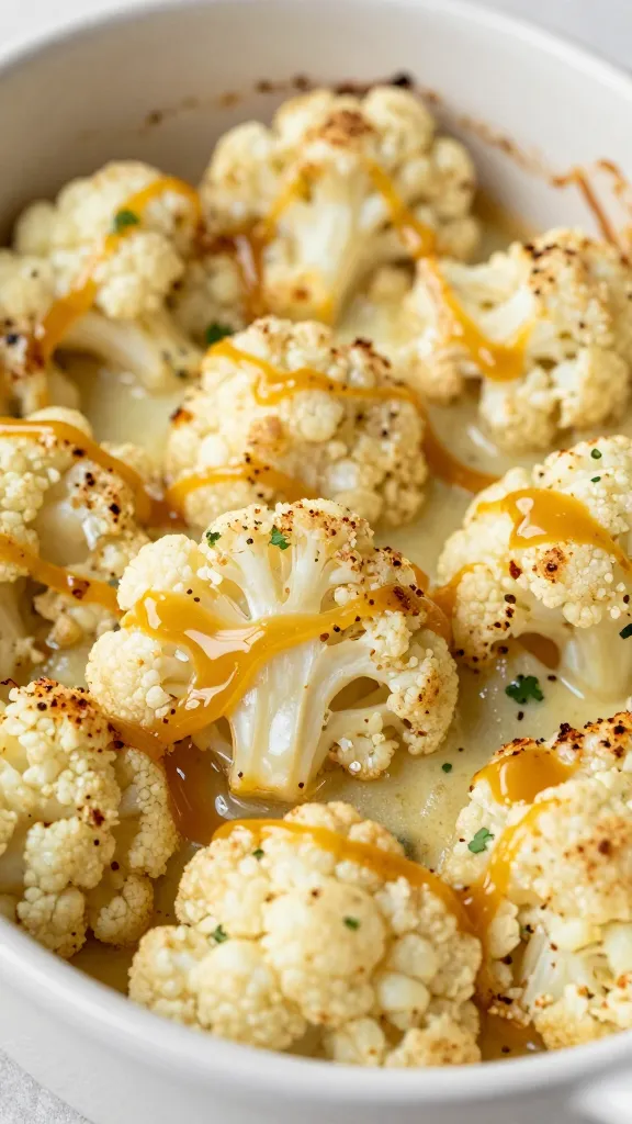 Roasted cauliflower bake with hot honey glaze close-up