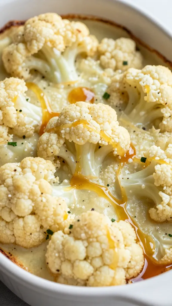 Plated cauliflower bake with drizzle of honey drizzle close-up