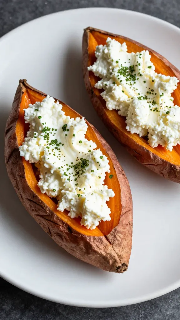 Whipped feta stuffed sweet potato halves plated