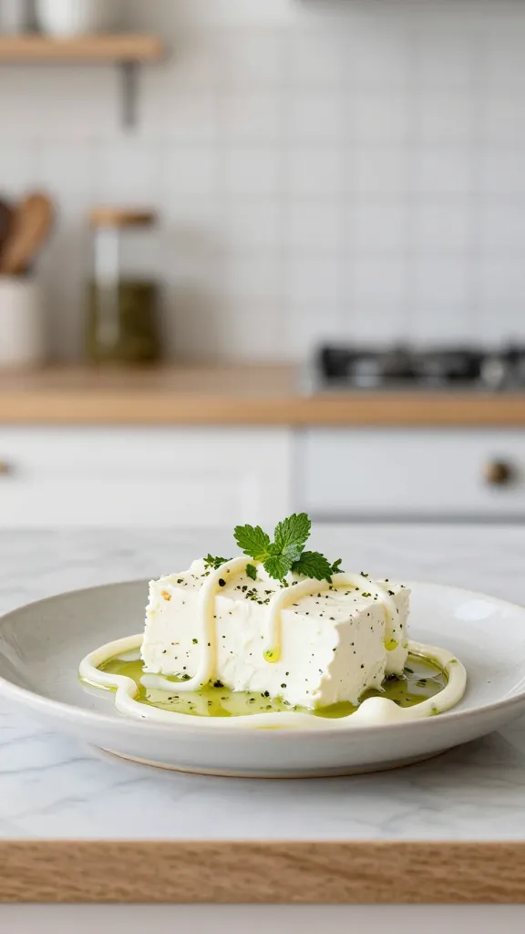Bright kitchen setup with feta drizzle and herbs