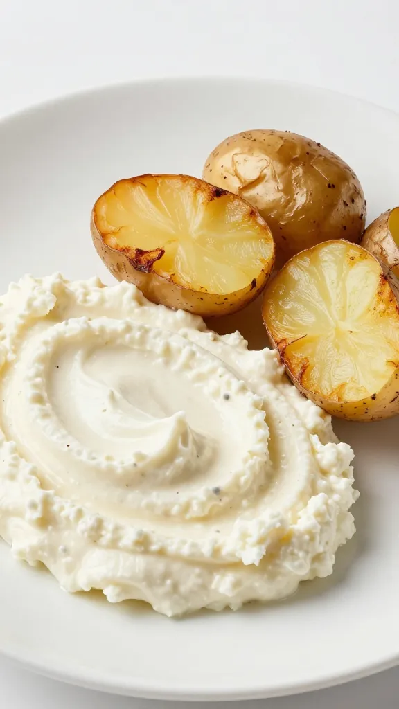 Studio shot of creamy feta puree beside baked potatoes