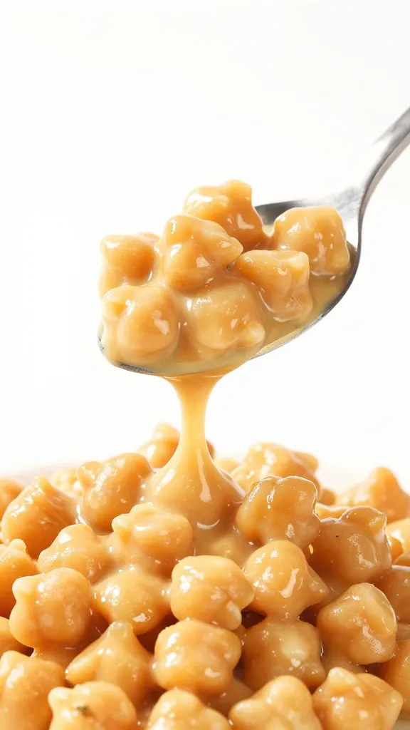 Studio shot: spoon dipping into creamy miso chickpeas