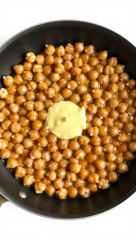Top-down shot: skillet of chickpeas, miso butter sauce visible