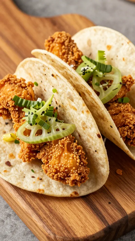Crispy chicken smash tacos on rustic wooden board