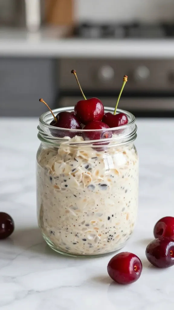 Overnight oats jar with tart cherries on marble kitchen countertop