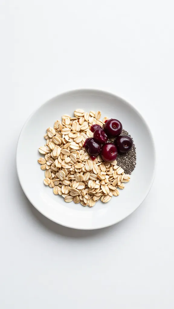 Minimalist breakfast scene: oats, tart cherries, chia seeds on white plate