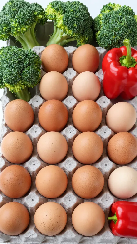 Eggs, broccoli, red pepper ingredients arranged for baking display