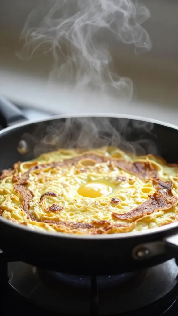 Sizzle shot: steam rising from hot frittata in pan