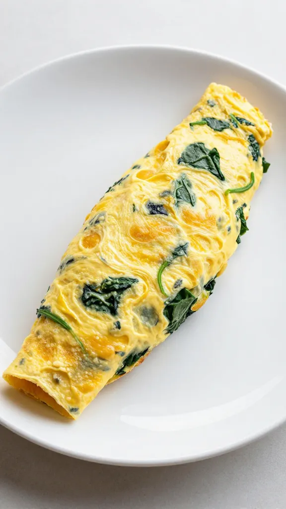Plated omelette reveal, green spinach accents, soft lighting
