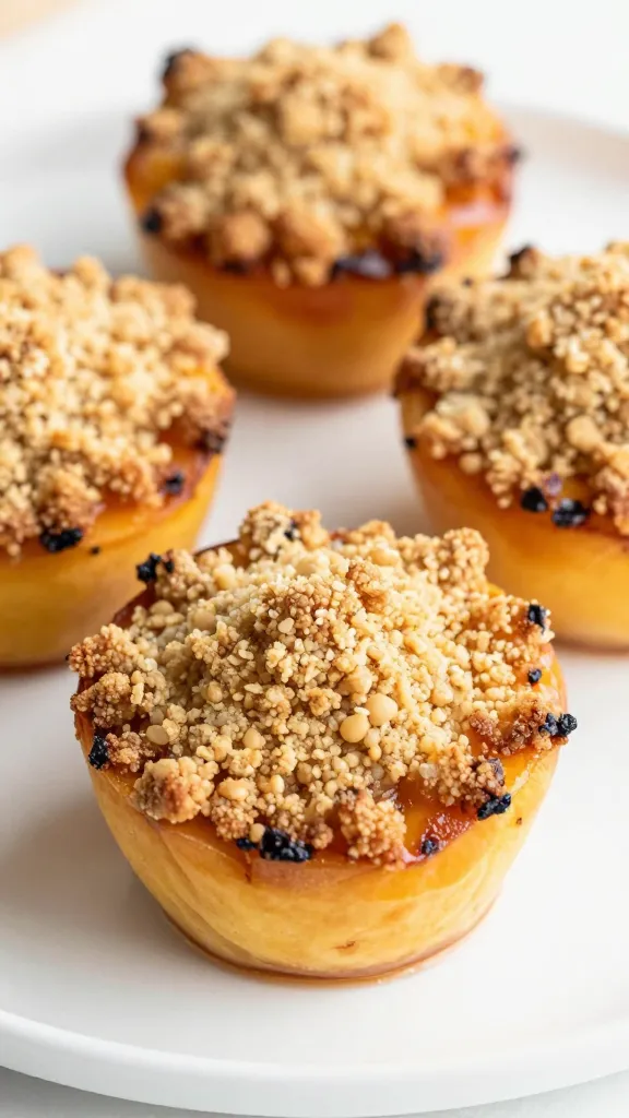 Roasted peach crumble cups on white plate, close-up