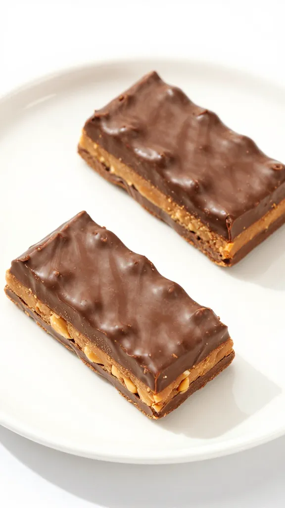 Chocolate peanut butter protein bars on white plate