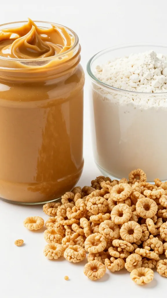 Fresh ingredients: peanut butter, whey, crispy rice cereal