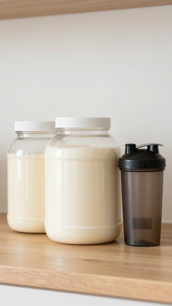 Light, airy kitchen scene with protein jars and shaker bottle