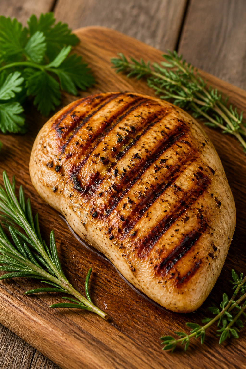 grilled chicken breast on cutting board with herbs