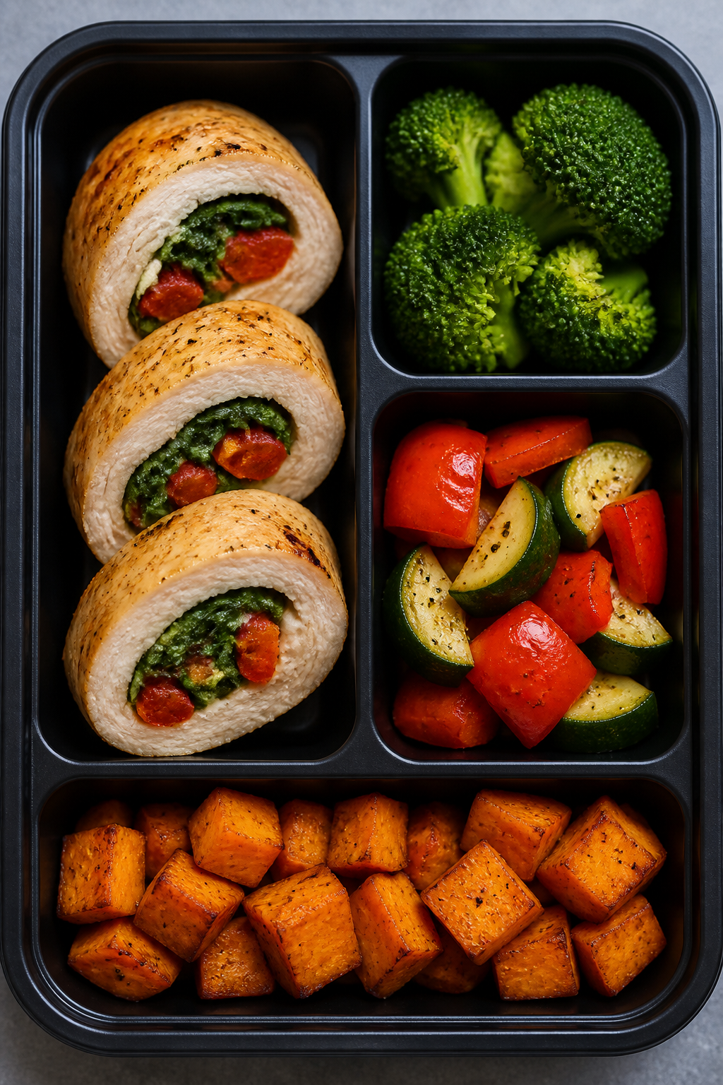 Meal-prep tray featuring chicken roll-ups and veggies