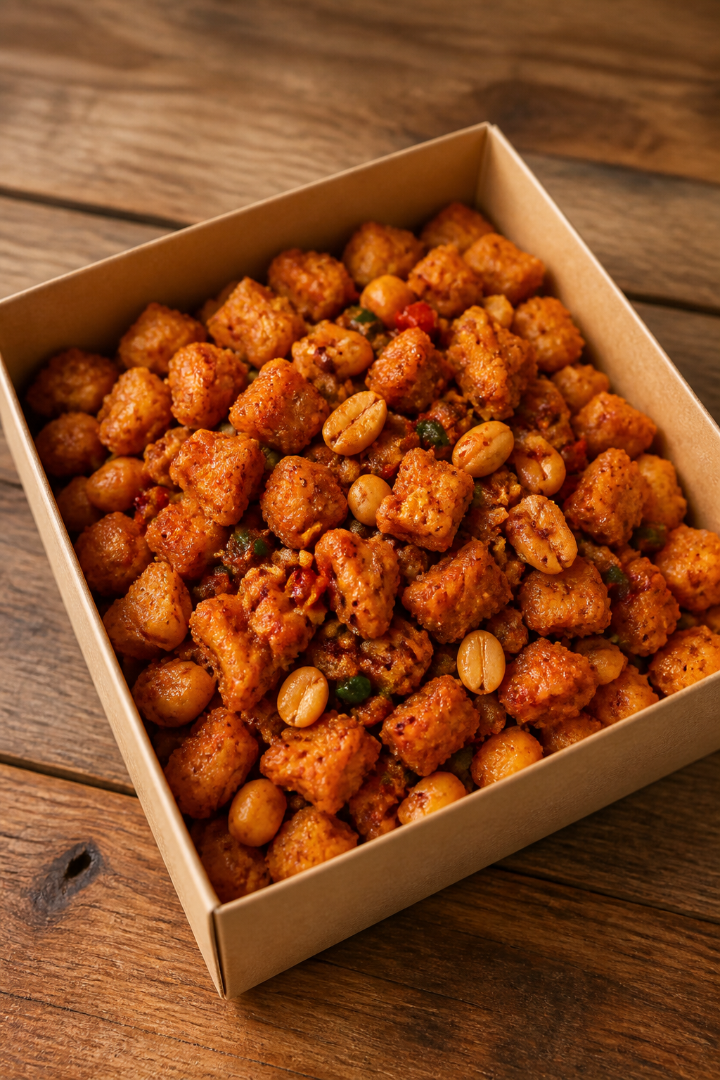 Spicy Peanut Chicken Crunch Snack Box on wooden table