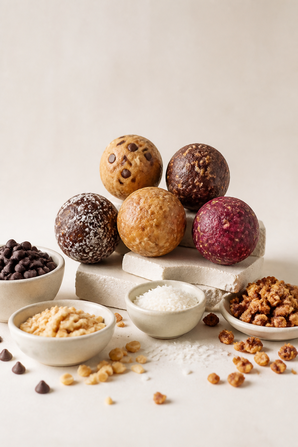 Studio shot of protein bites and crunchy toppings, minimal backdrop