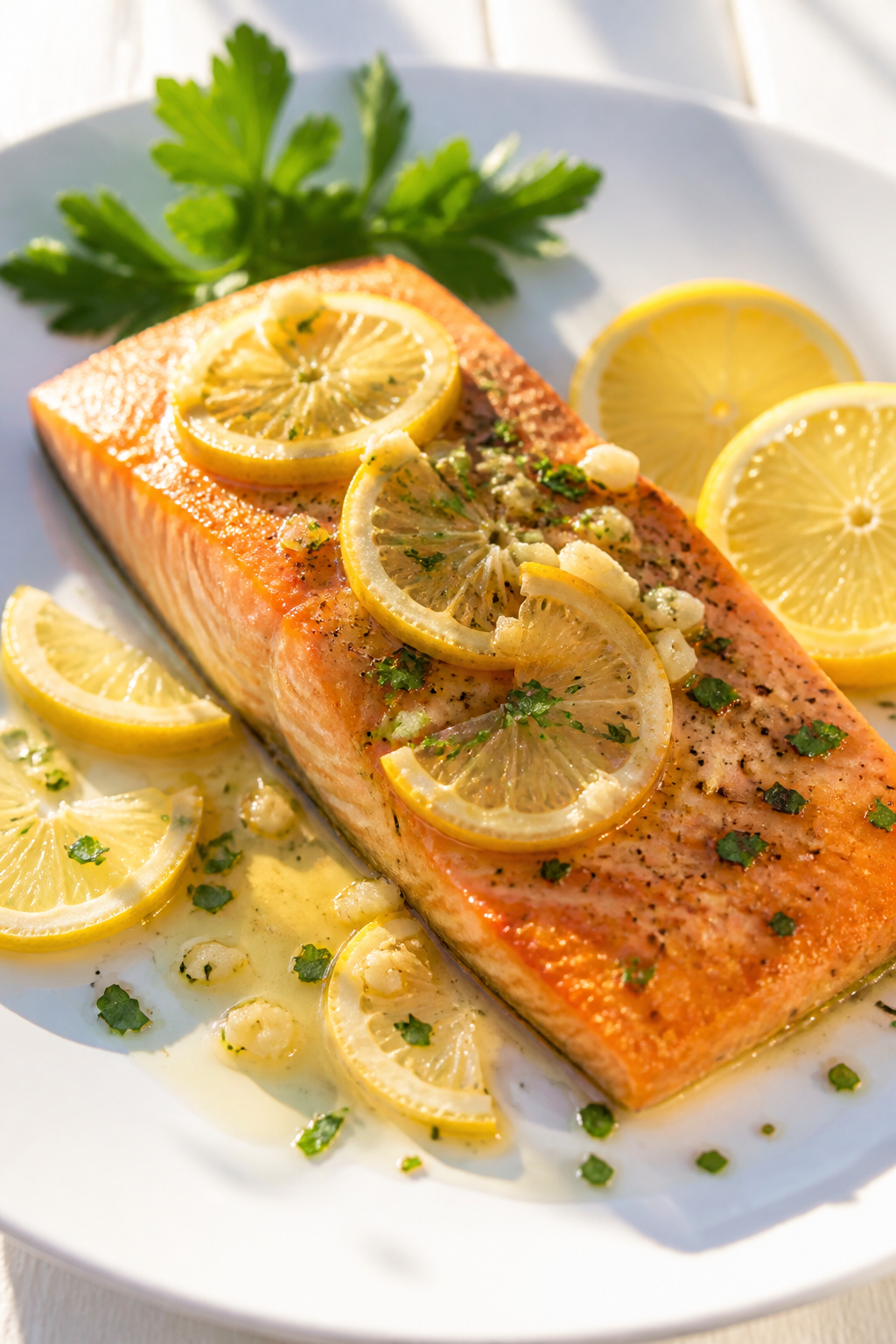 Lemon garlic salmon on white plate, bright citrus glow