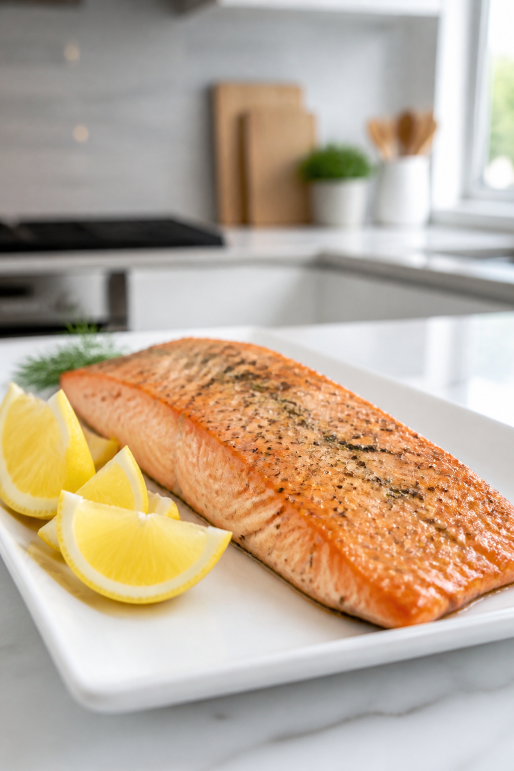 Salmon sparkler fillet with lemon wedges, clean kitchen