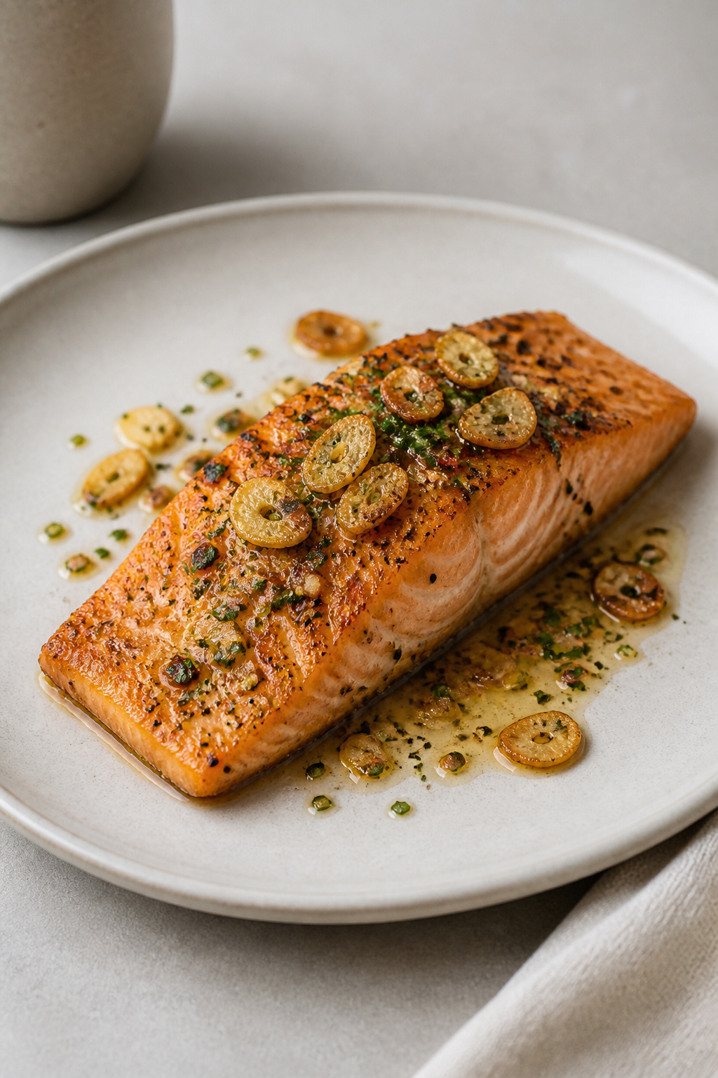 Plate of sautéed salmon with garlic confetti, minimalist setting