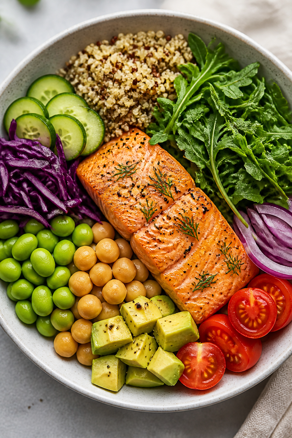 High-protein pescatarian bowl featuring salmon, crisp greens