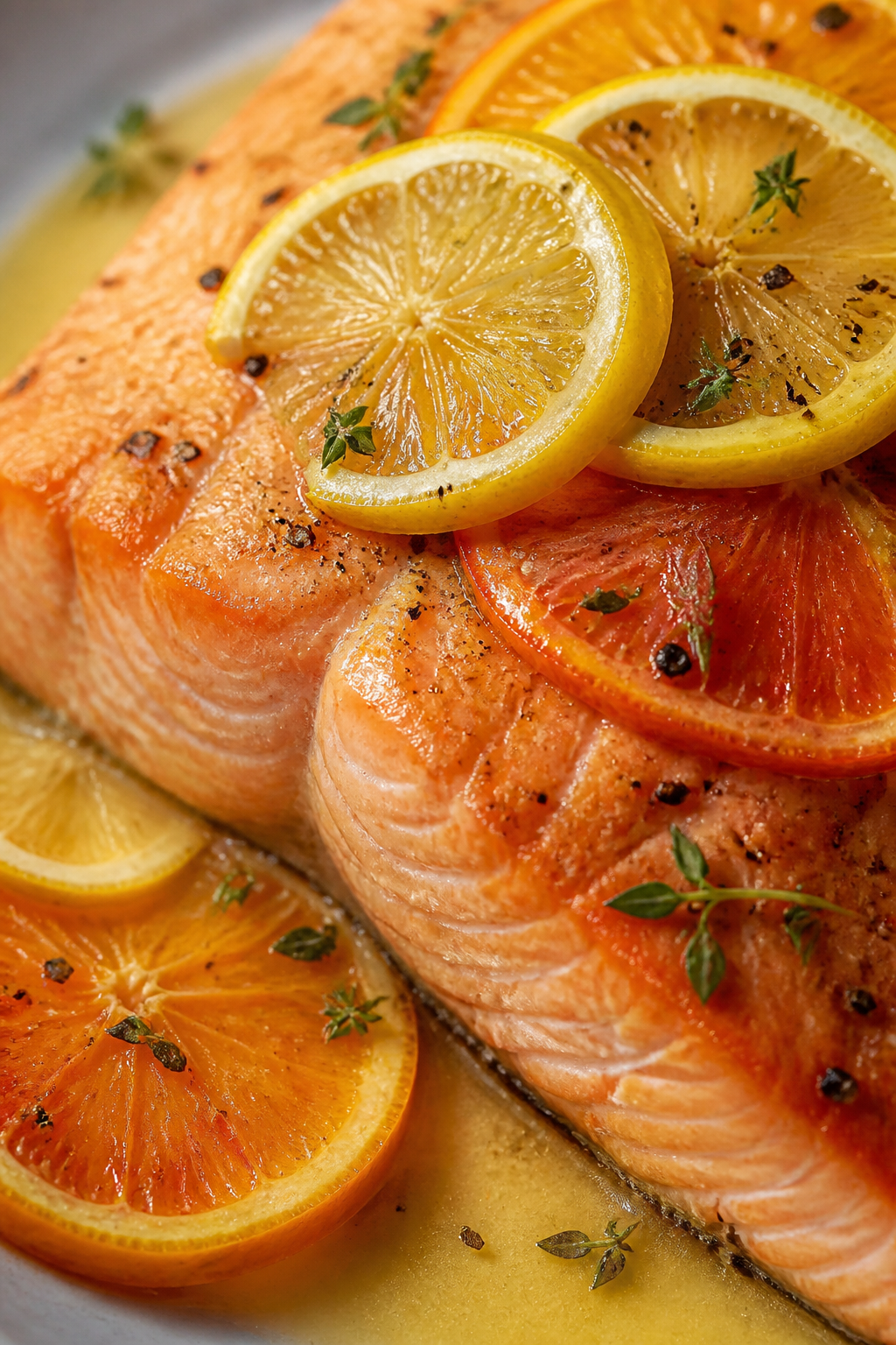 Citrus-dressed salmon fillet, close-up texture, soft shadow