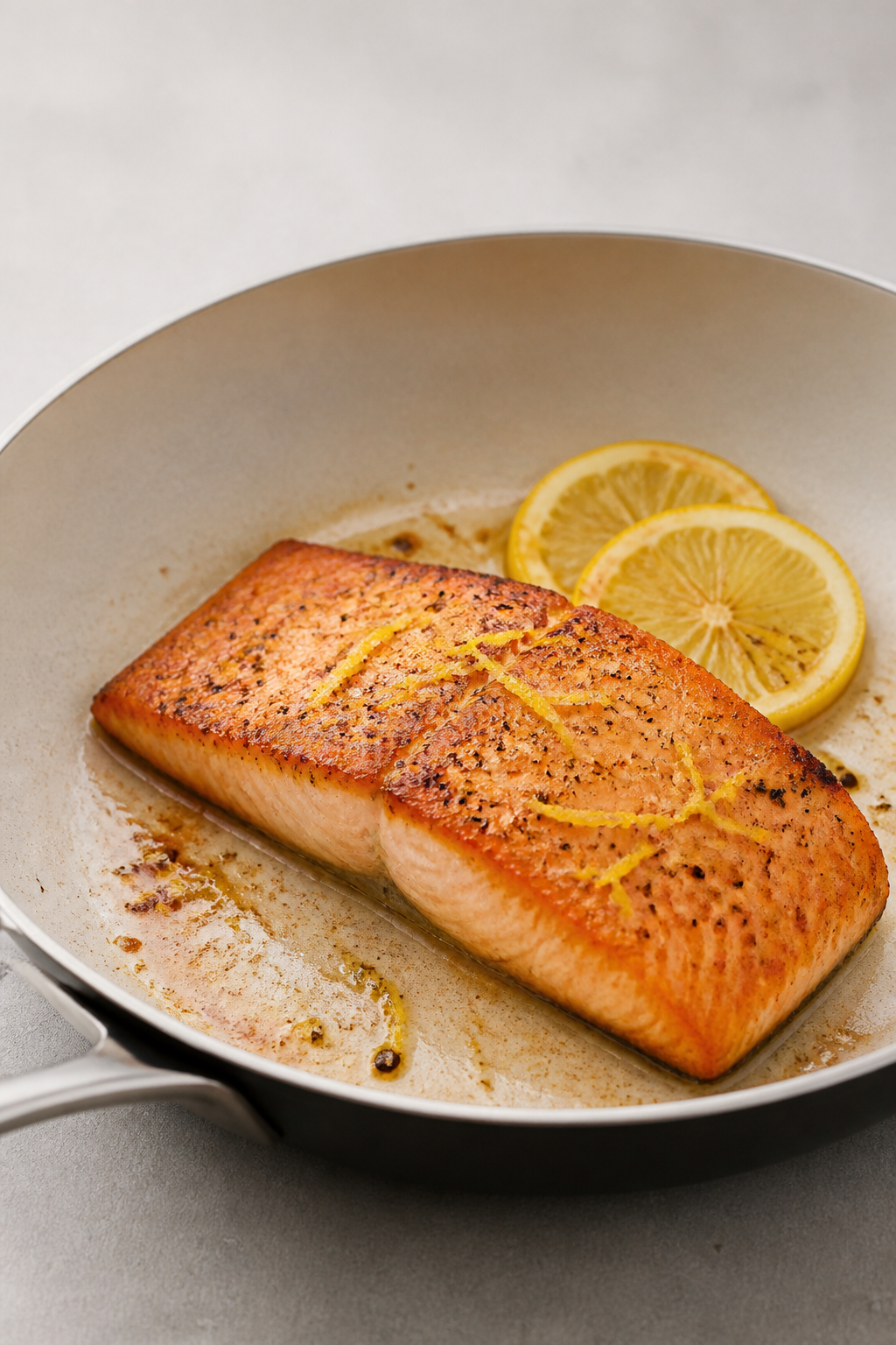 Simple stove-top salmon with lemon zest, neutral backdrop