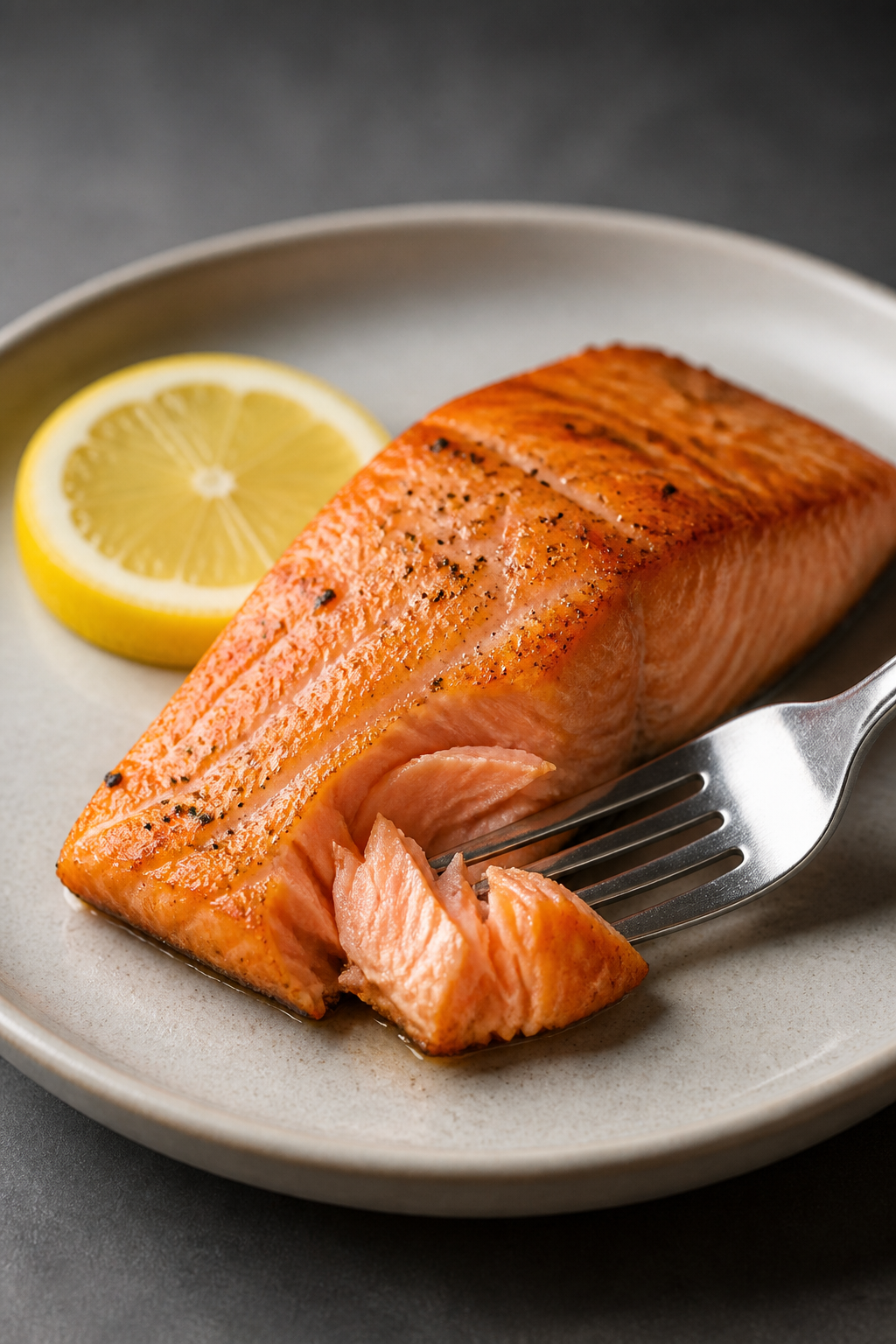 Salmon fillet with fork and lemon slice, studio lighting