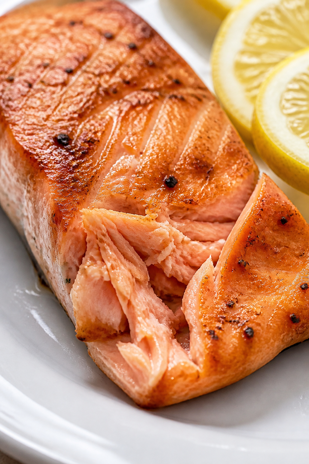 Close-up flaky salmon, zip of citrus, white ceramic plate