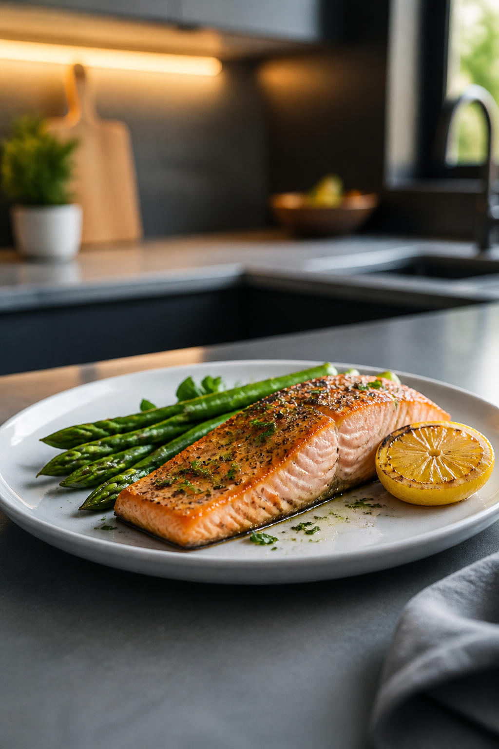 Quick-weeknight salmon dish, sleek modern kitchen counter