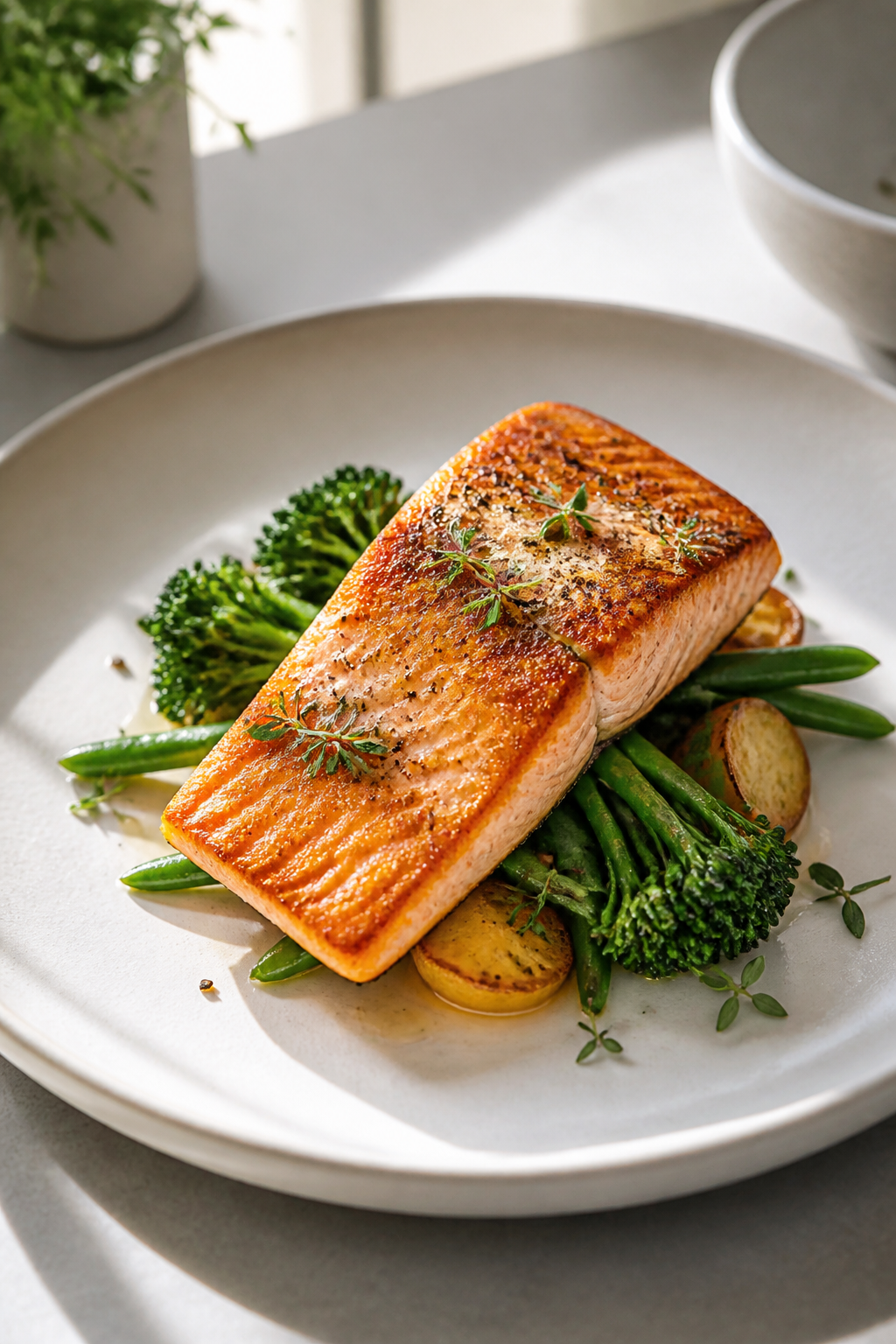 Plated protein-forward salmon, clean lines, soft natural light
