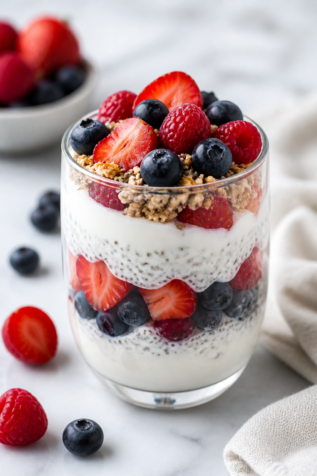 Greek yogurt parfait with chia and berries in glass