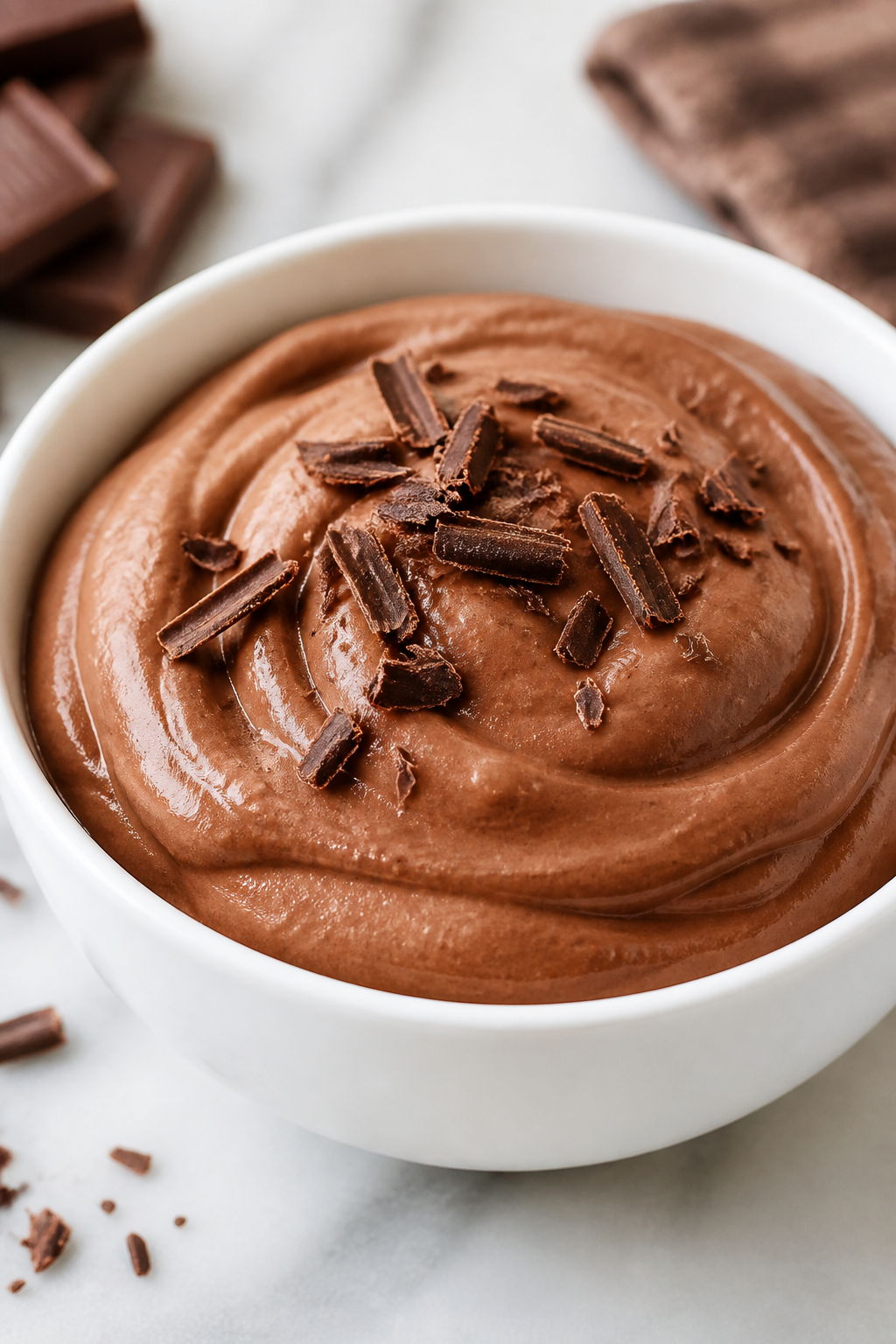 Protein-packed chocolate protein mousse in white bowl