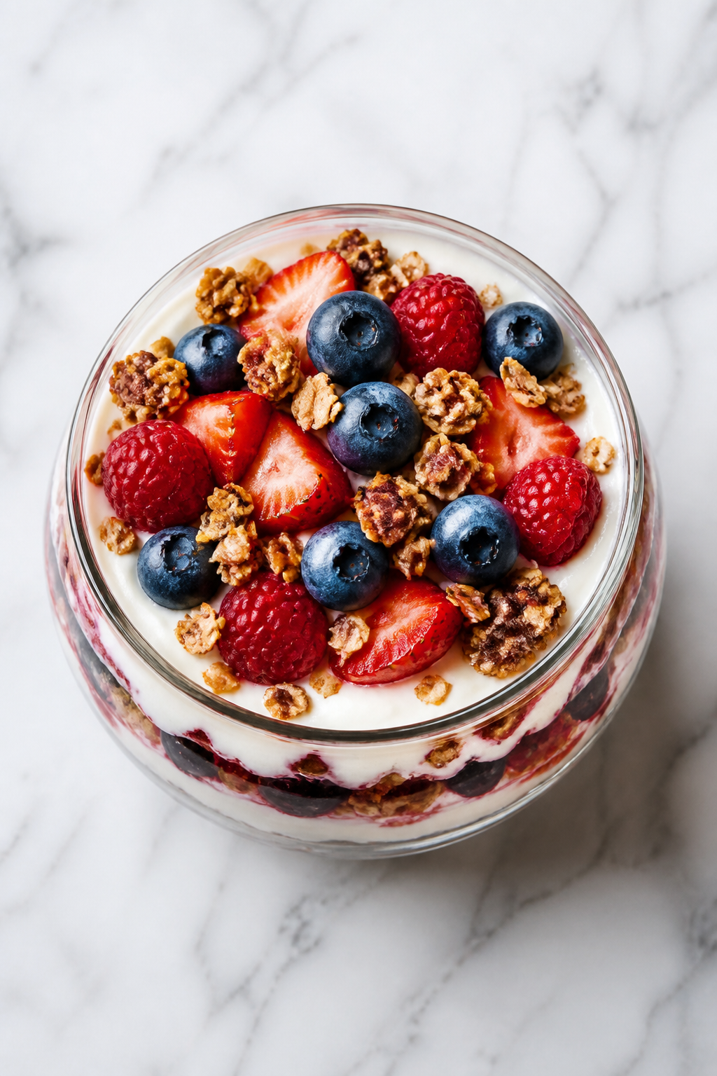 Layered yogurt, berry, and granola parfait shot from above