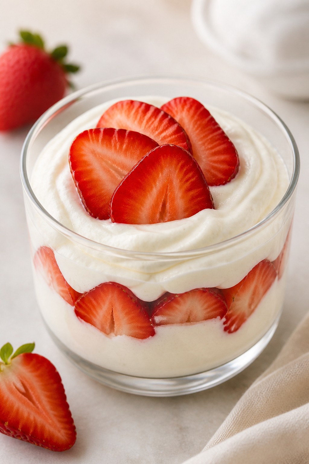 High-protein vanilla yogurt dessert with sliced strawberries