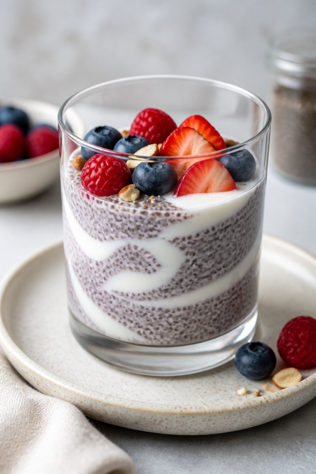 Chia pudding with yogurt swirl in clear glass cup