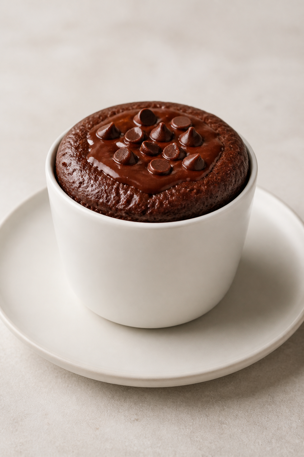 Smooth, glossy protein mug cake on minimalist plate