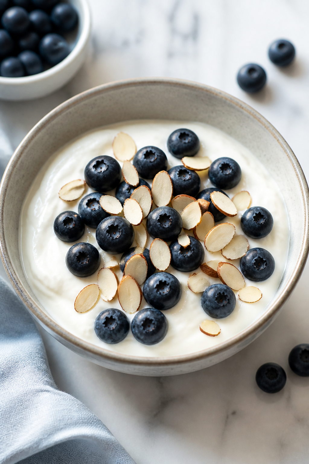 Greek yogurt bowl with sliced almonds and blueberries
