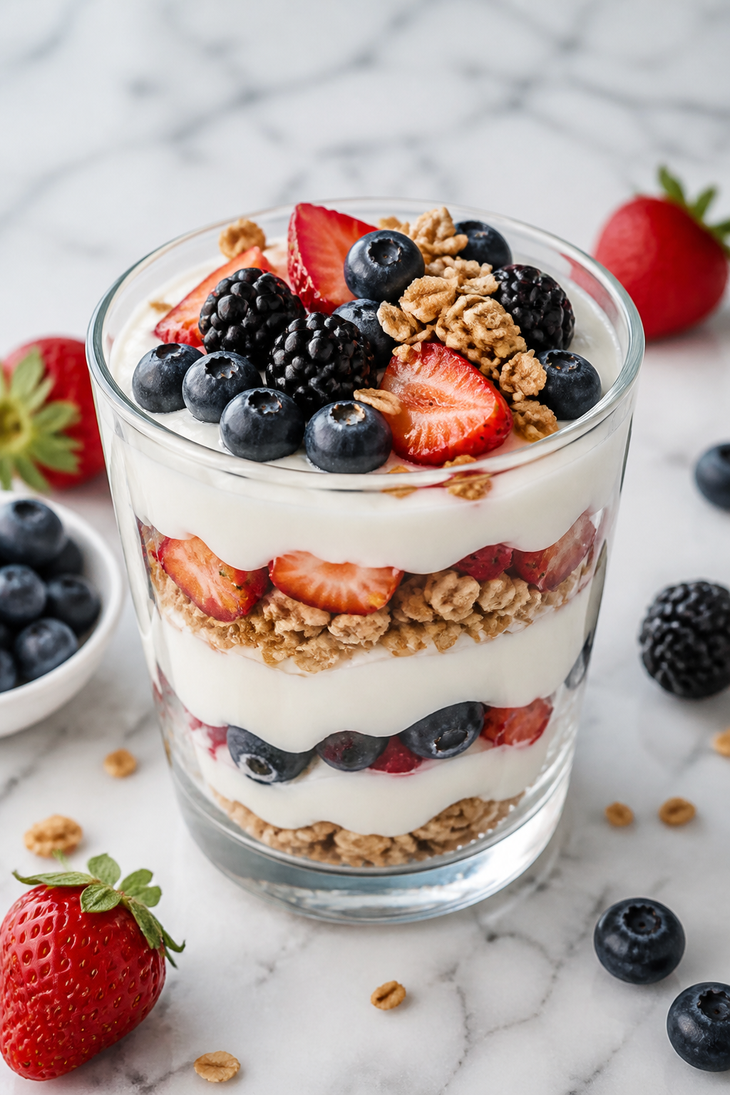 Protein-rich berry Greek yogurt parfait on marble surface