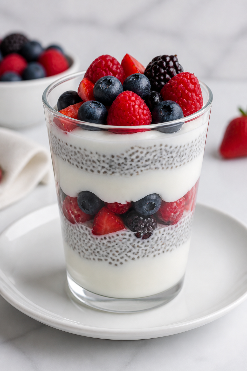 White plate: parfait with yogurt, chia, and mixed berries