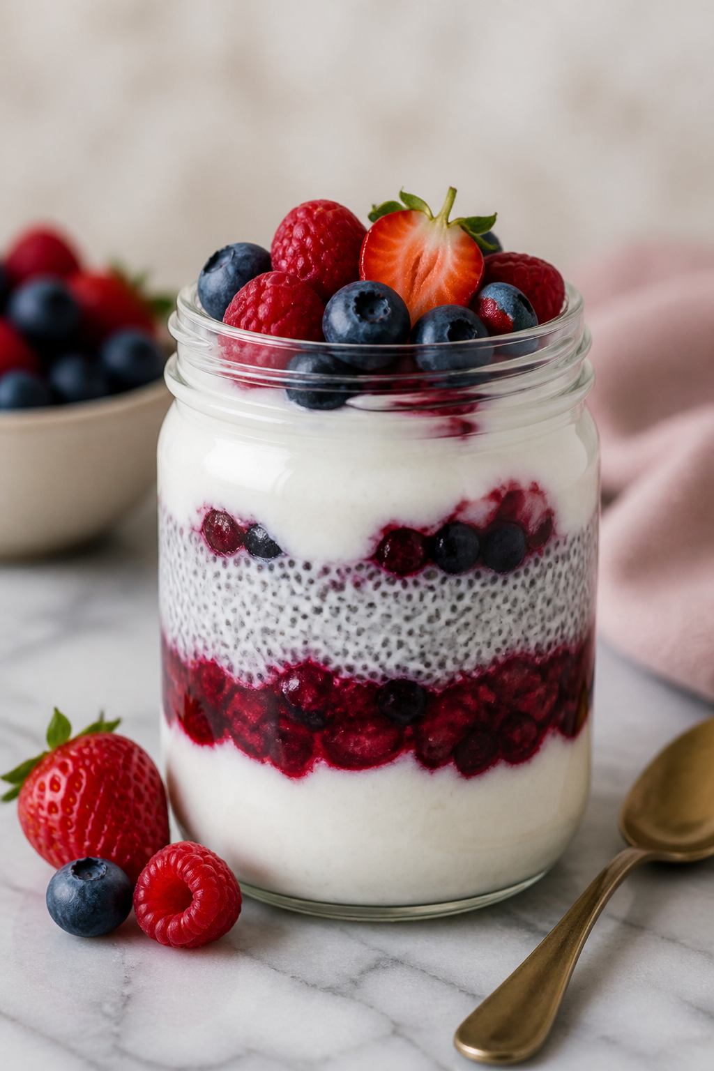 Elegant dessert jar: yogurt, chia, and berry layers