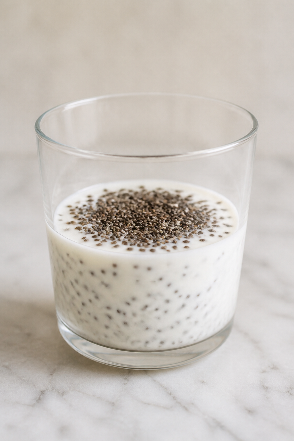 Half-cup plain Greek yogurt in glass with chia seeds